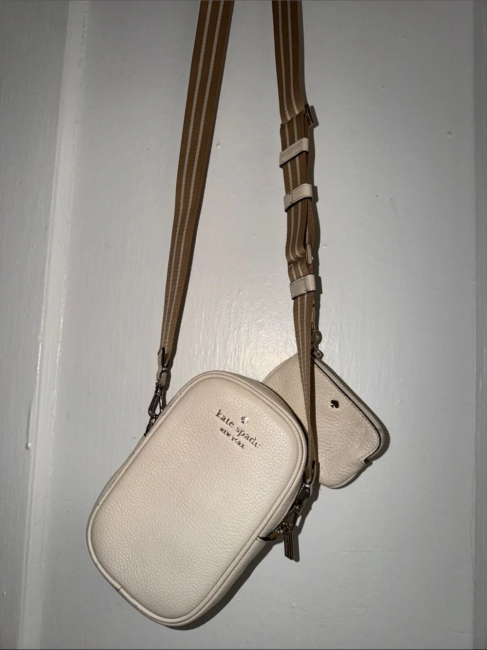 kate spade Cream Pebbled Leather Crossbody Phone Pouch with Gold Logo